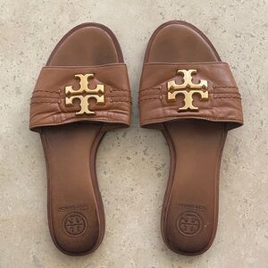 Tory Burch Tan Slide Sandals with Gold Logo